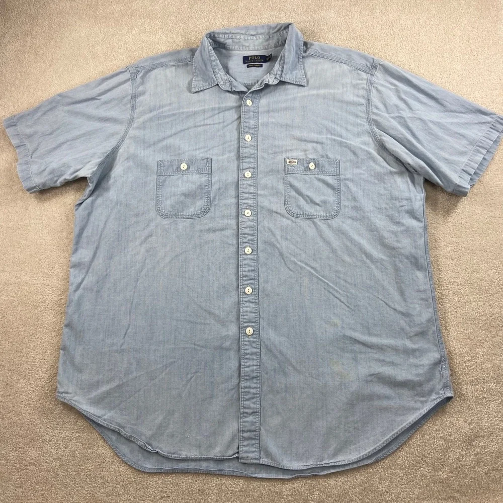 Polo Ralph Lauren Shirt Mens 2XLT Blue Indigo Chambray Short Sleeve Button Down